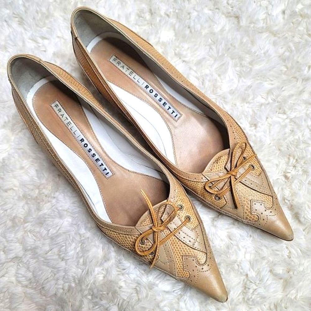 Fratelli Rossetti Pointed Toe Beige Leather Snake Embossed Pumps